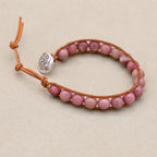 Unisex 8mm Rhodonite Leather Boho Bracelet | Adjustable Braided Wrap