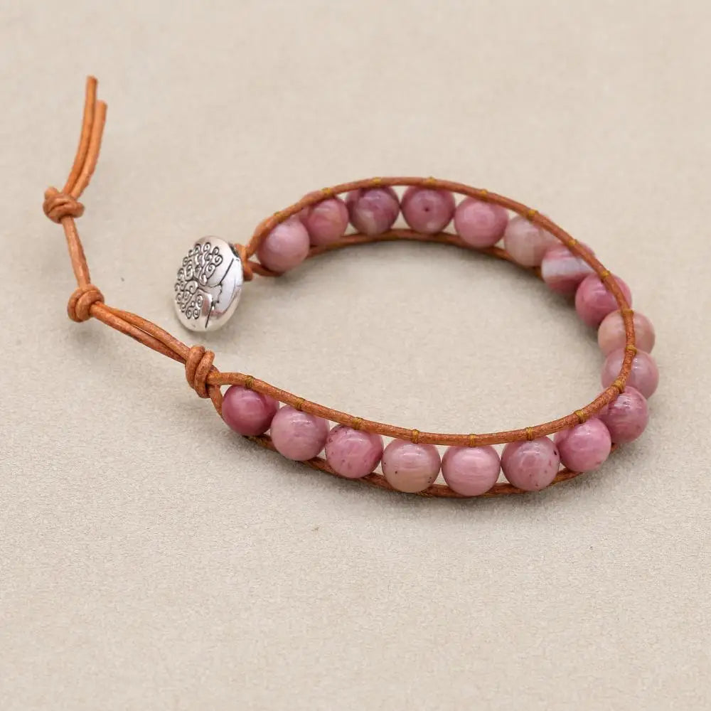 Unisex 8mm Rhodonite Leather Boho Bracelet | Adjustable Braided Wrap