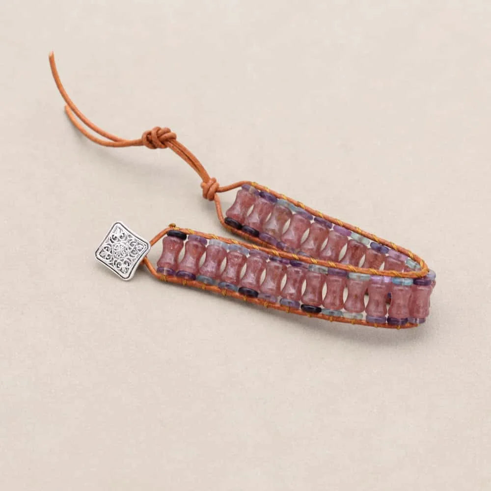 Love and Clarity: Strawberry Quartz Fluorite Boho Leather Wrap Bracelet