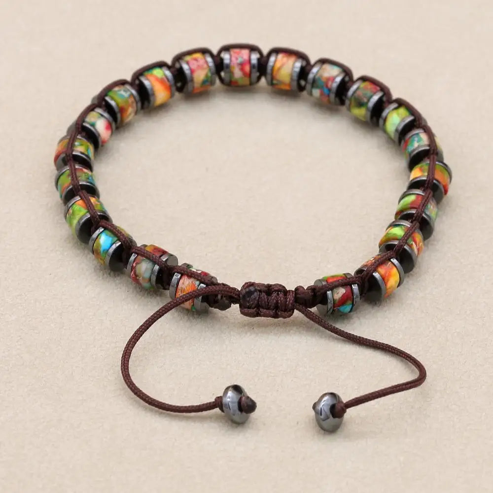 Unisex Colorful Sea Sediment Jasper and Hematite Disc Braided Bracelet