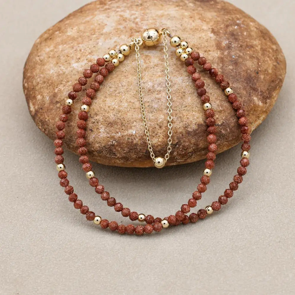 Handmade 3mm Faceted Gold Sandstone Double-Layer Bracelet with Magnetic Clasp