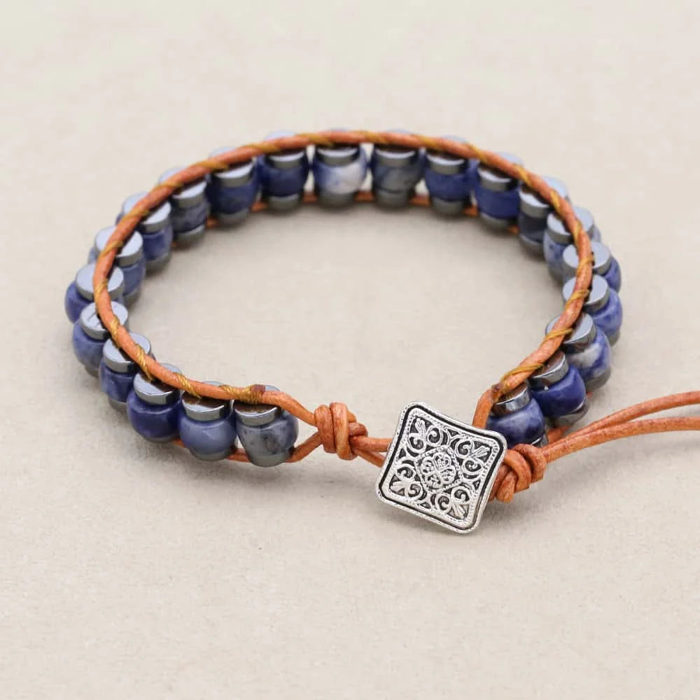 Clarity and Protection Sodalite Hematite Leather Wrap Bracelet