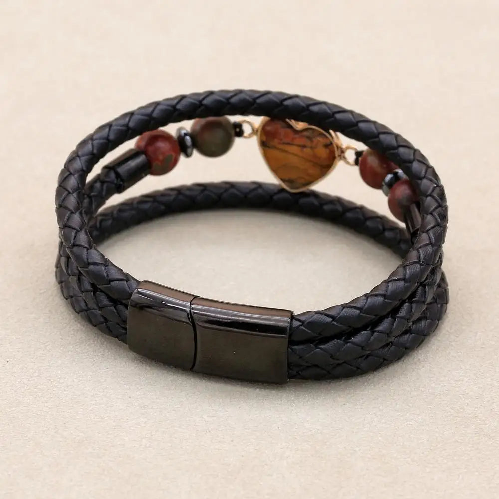 8mm Heart Picasso Stone & Hematite Multilayer Leather Bracelet