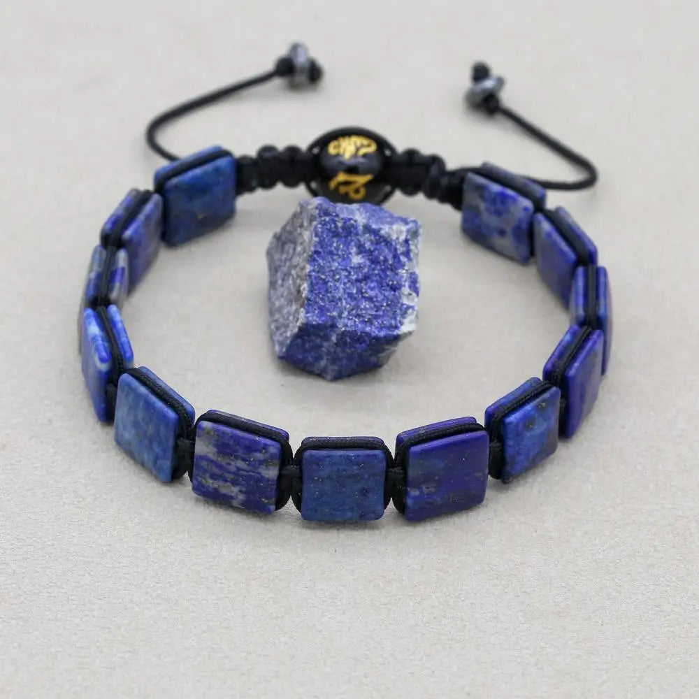 Unisex 10mm Square Lapis Lazuli Braided Bracelet with Mantra Agate