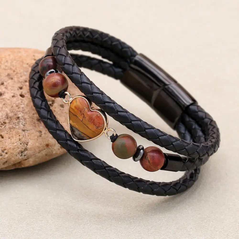 8mm Heart Picasso Stone & Hematite Multilayer Leather Bracelet