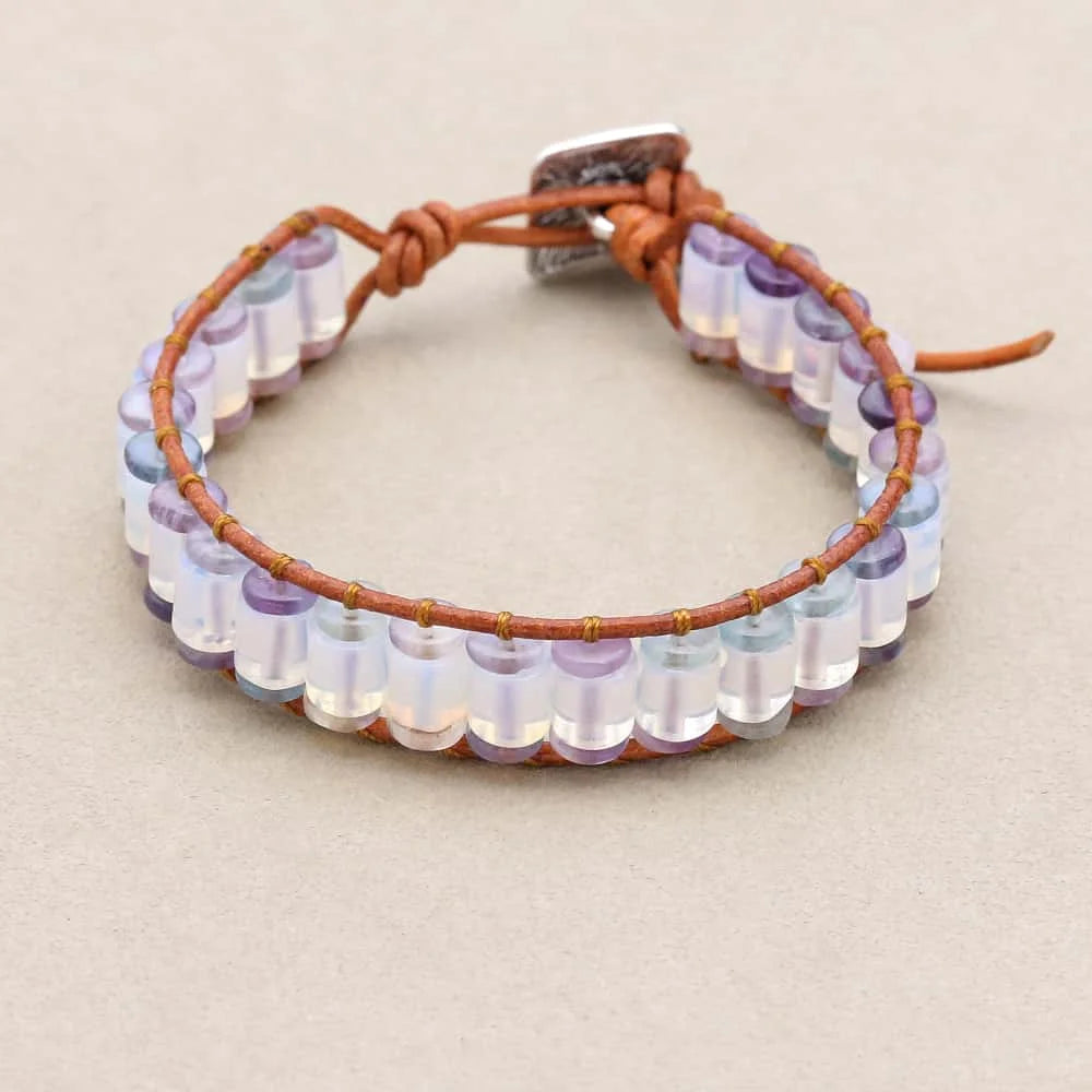 Serenity and Inspiration: Opalite Cylinder Fluorite Woven Leather Bracelet