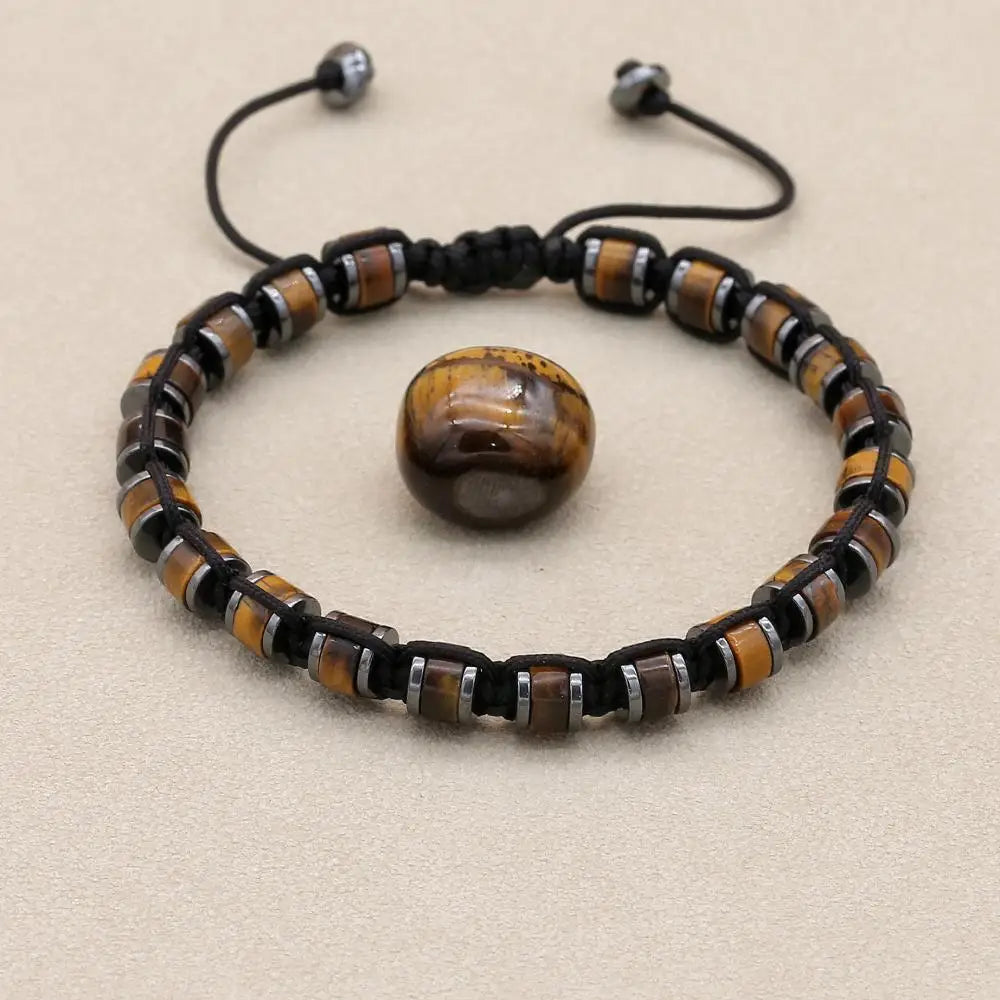 Unisex Tiger's Eye and Hematite Disc Braided Bracelet