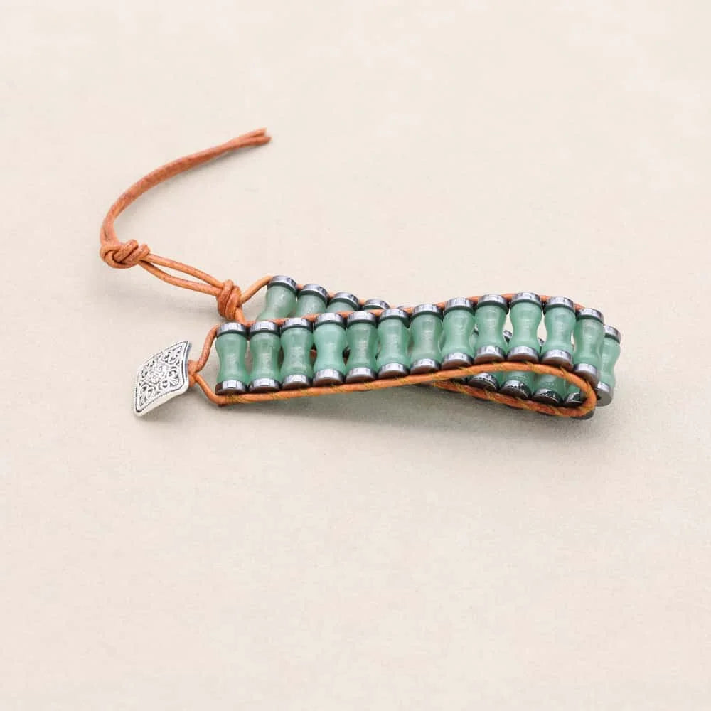 Prosperity and Growth Green Aventurine Bamboo Joint Leather Wrap Bracelet