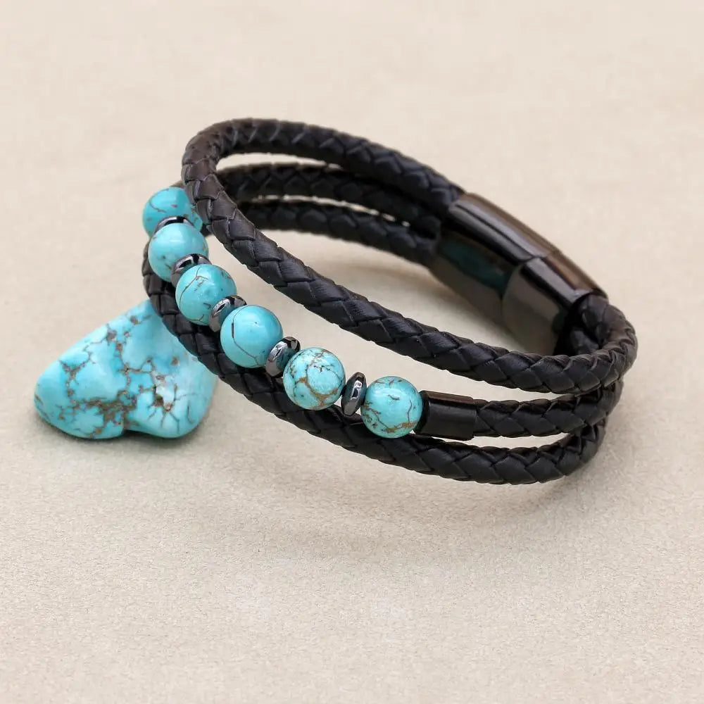 Handmade Turquoise & Hematite Multi-Layer Leather Bracelet for Men Women