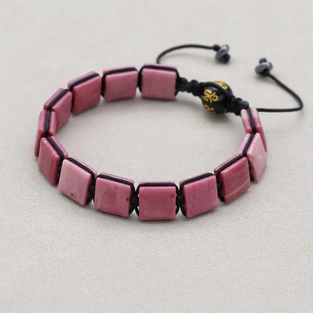 Handmade 10mm Square Rhodonite Beaded Braided Bracelet with Six-Sword Mantra Agate Adjustable