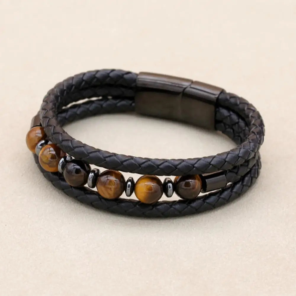 8mm Tiger Eye Hematite Multilayer Braided Leather Bracelet for Men Women