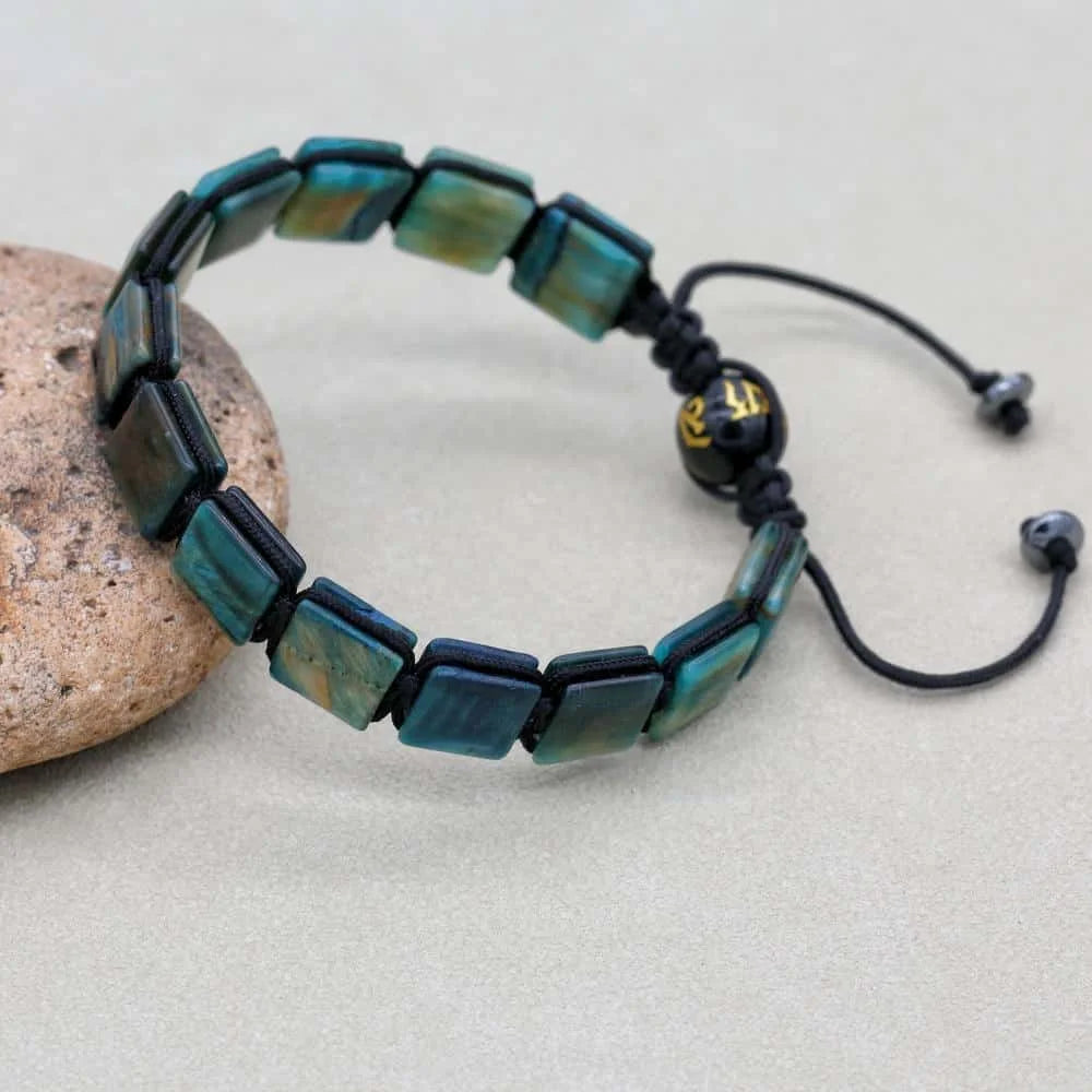 Handmade 10mm Square Blue-Green Tiger's Eye Braided Bracelet Unisex Spiritual Mantra Jewelry