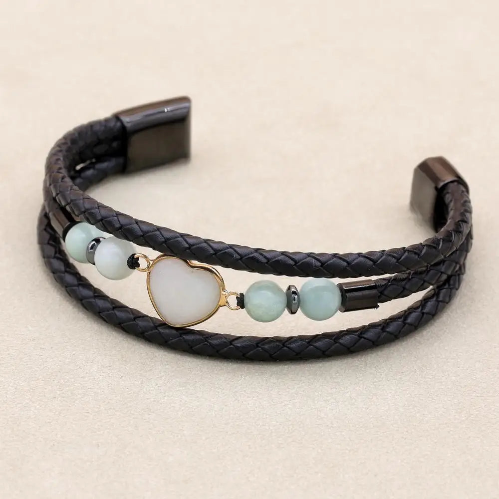 8mm Heart Amazonite Hematite Multilayer Leather Bracelet for Unisex