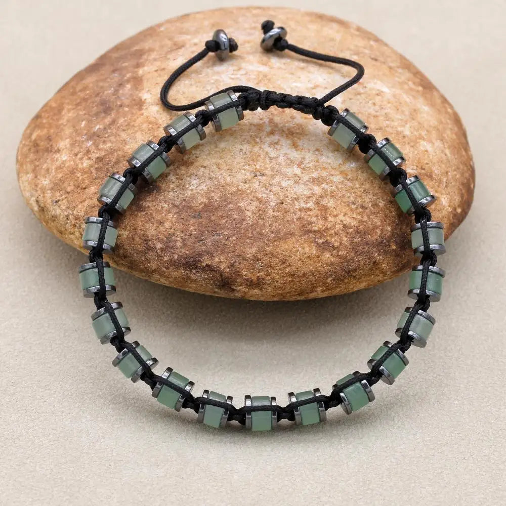 Green Aventurine & Hematite Disc Braided Bracelet | Unisex Adjustable