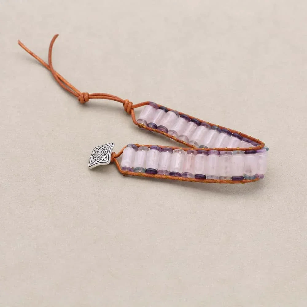 Handmade Rose Quartz & Fluorite Gemstone Leather Wrap Bracelet