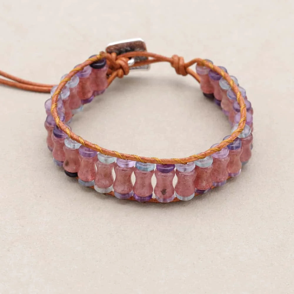 Love and Clarity: Strawberry Quartz Fluorite Boho Leather Wrap Bracelet