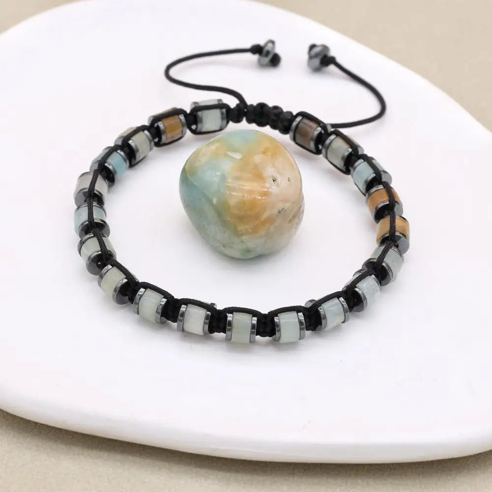 Unisex Amazonite & Hematite Disc Braided Bracelet | Adjustable