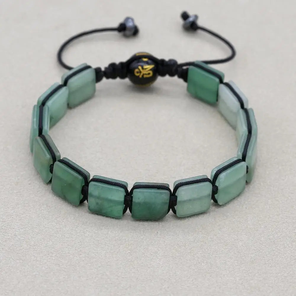 Unisex 10mm Square Green Aventurine Braided Bracelet