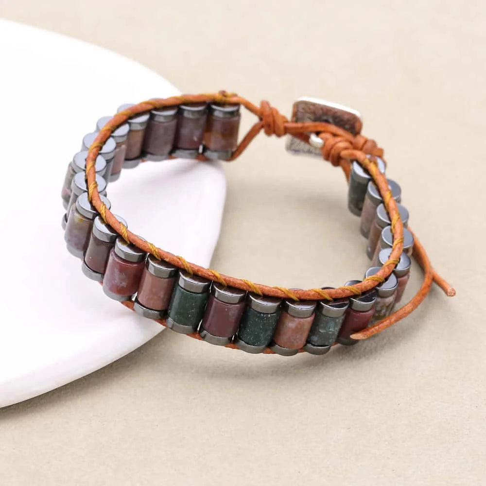Strength and Serenity Indian Agate Hematite Leather Wrap Bracelet
