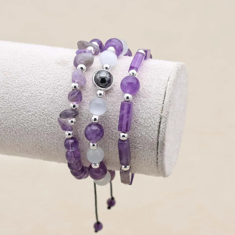 Amethyst Wisdom Bracelet Set: Serenity & Protection Trio (3 PCS)
