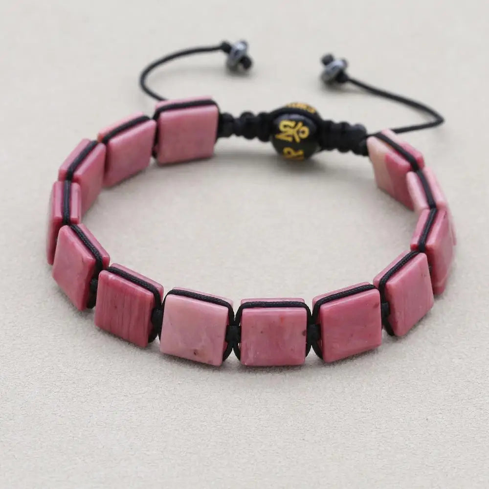 Handmade 10mm Square Rhodonite Beaded Braided Bracelet with Six-Sword Mantra Agate Adjustable