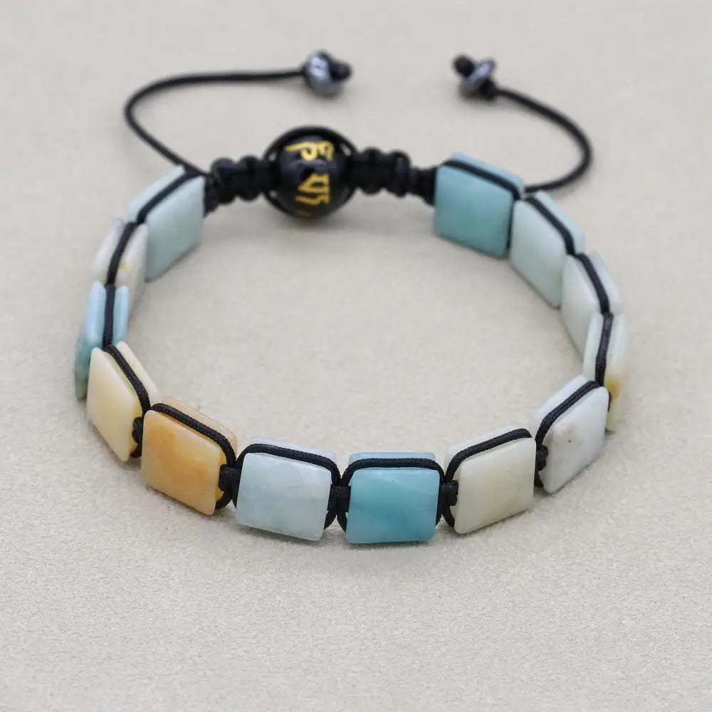 Handmade 10mm Square Amazonite Braided Bracelet Unisex Spiritual Mantra Jewelry Adjustable