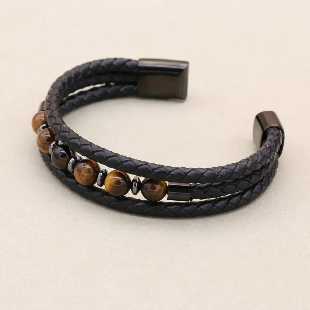 8mm Tiger Eye Hematite Multilayer Braided Leather Bracelet for Men Women