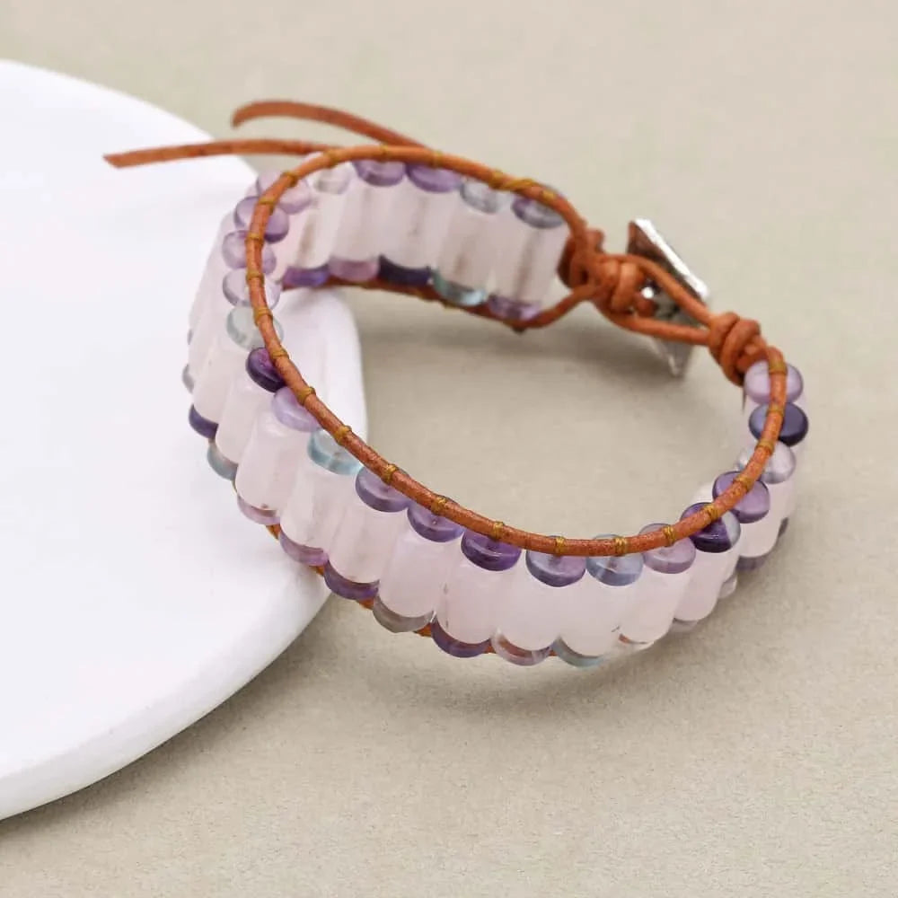 Handmade Rose Quartz & Fluorite Gemstone Leather Wrap Bracelet