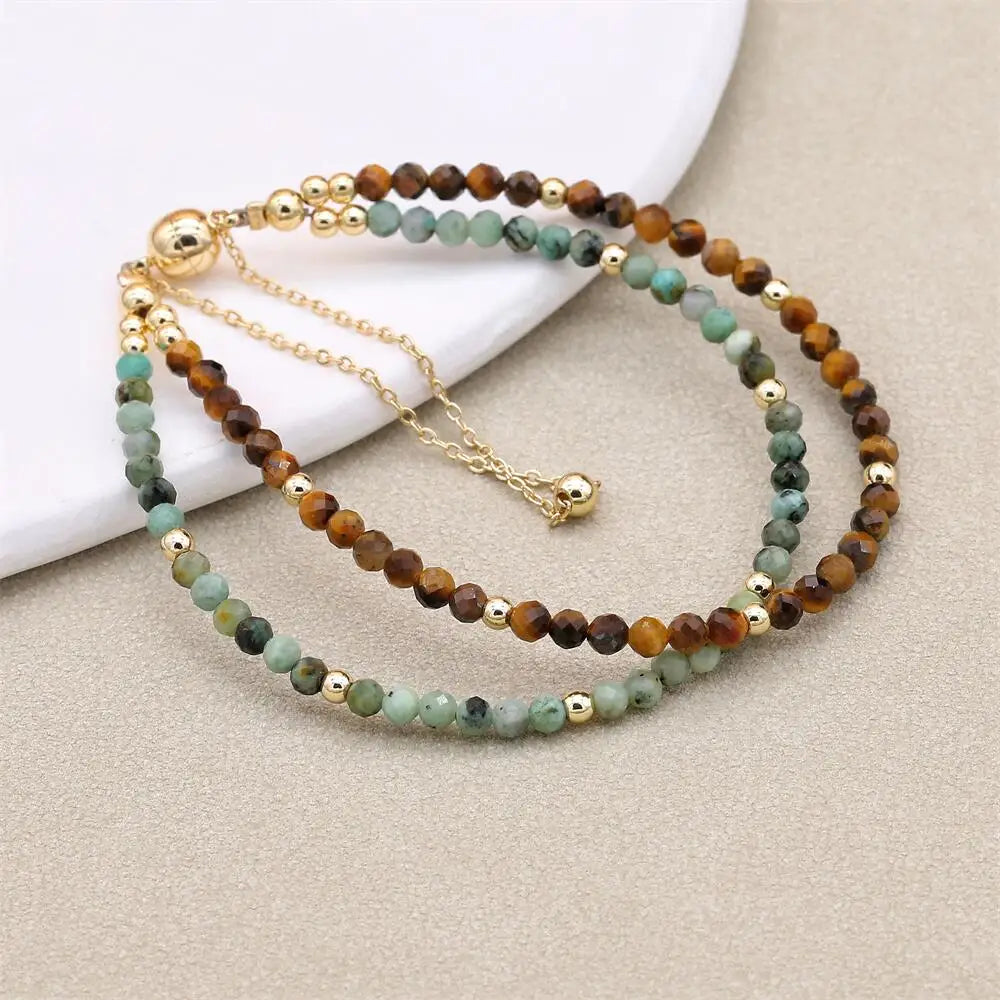 Handmade 3mm Faceted African Turquoise & Tiger Eye Double-Layer Bracelet with Magnetic Clasp