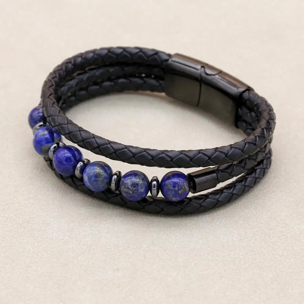 8mm Lapis Lazuli Hematite Multilayer Leather Bracelet for Unisex