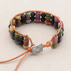 Rainbow Gemstone Leather Wrap Bracelet with Tourmaline & Obsidian