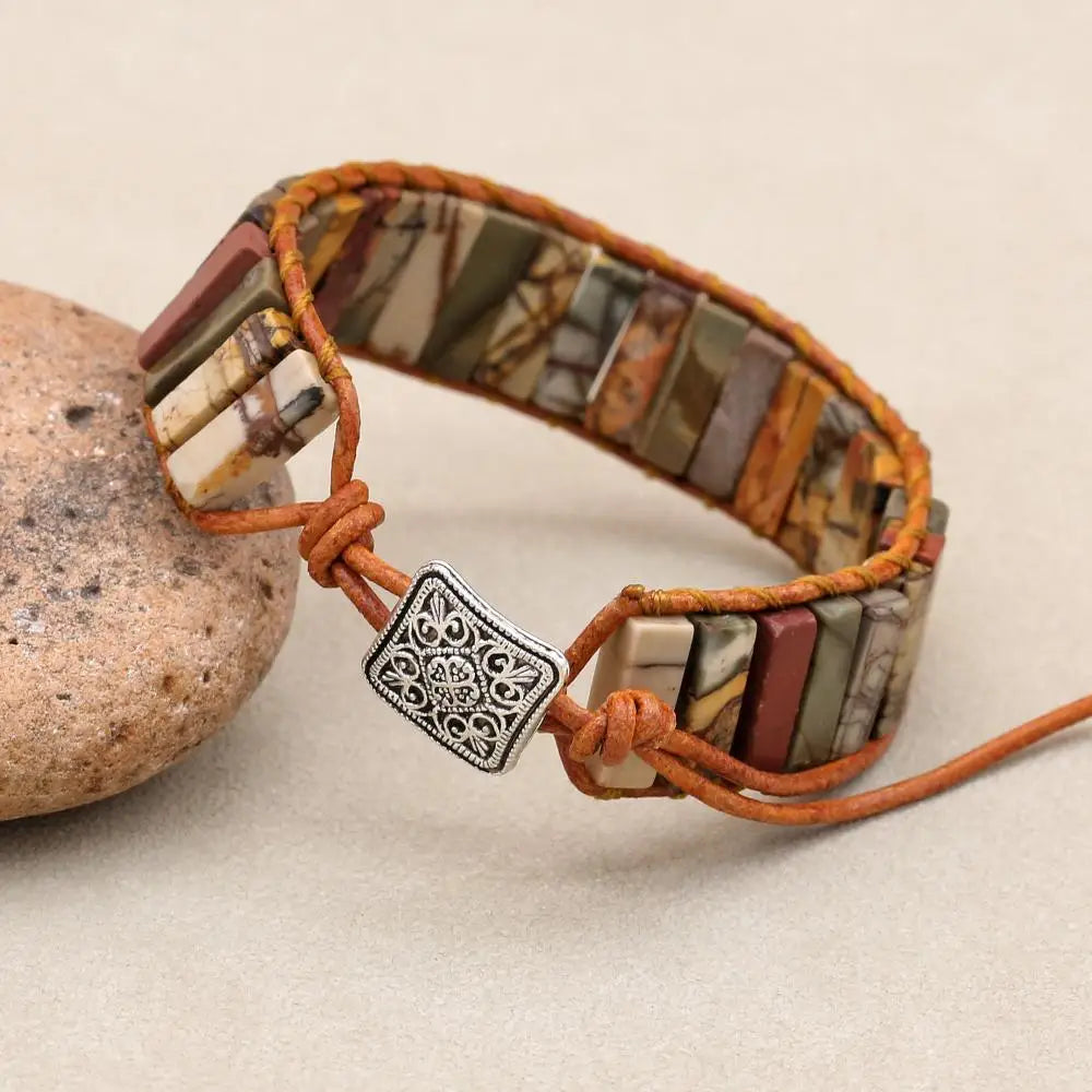 Picasso Jasper Leather Wrap Bohemian Bracelet for Men and Women