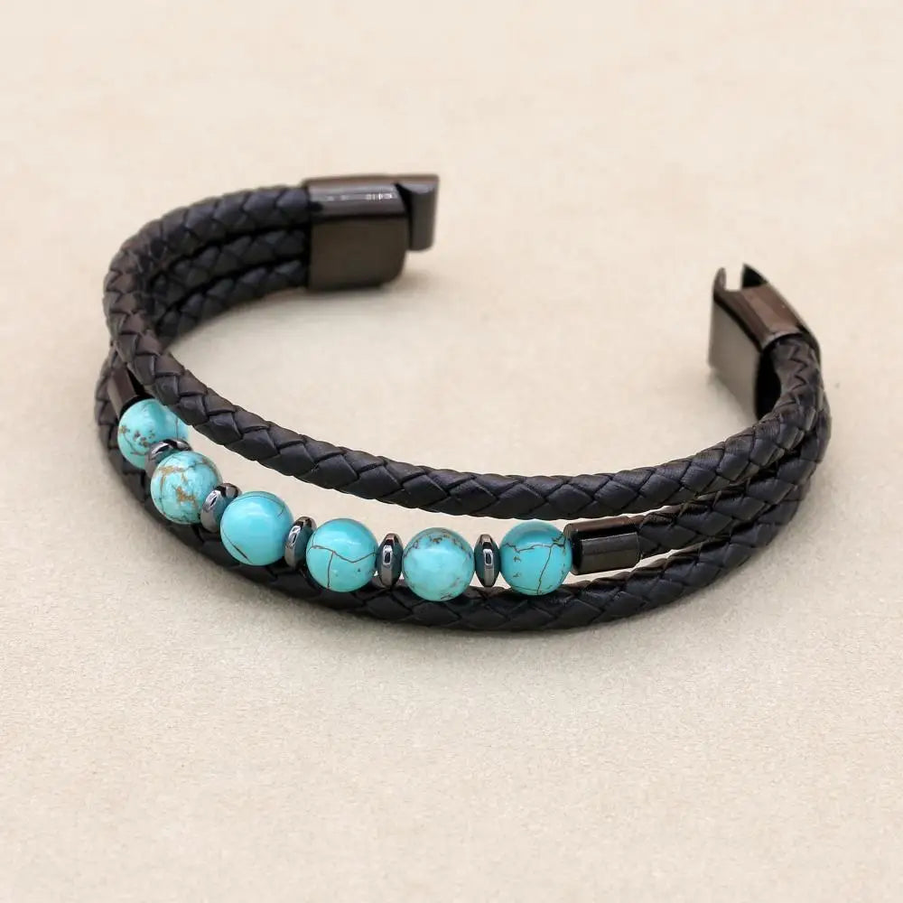 Handmade Turquoise & Hematite Multi-Layer Leather Bracelet for Men Women