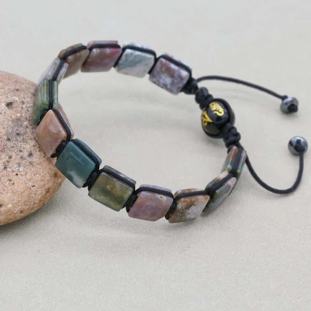 Handmade Indian Agate Square Bead Mantra Bracelet