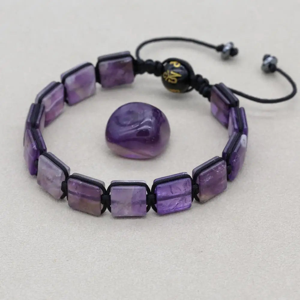 Handmade 10mm Square Amethyst Braided Bracelet Unisex Spiritual Mantra Jewelry