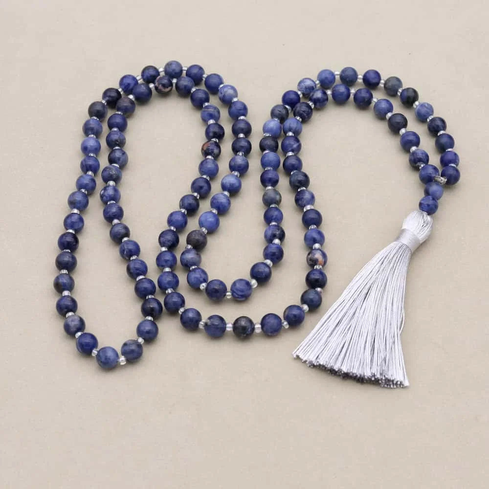 Inner Calm and Clarity 108 Sodalite Natural Stone Mala Tassel Necklace