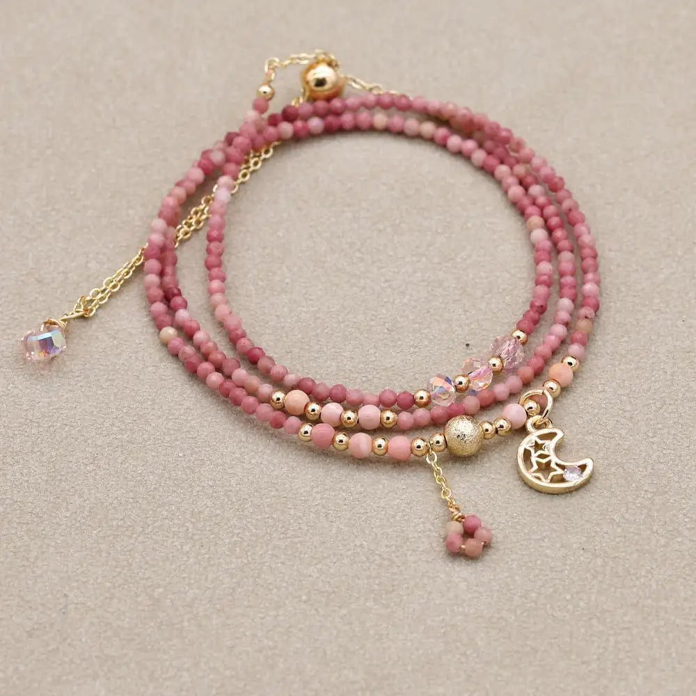 Emotionale Heilung Mehrlagiges Mond-Wickelarmband aus rosa Opal
