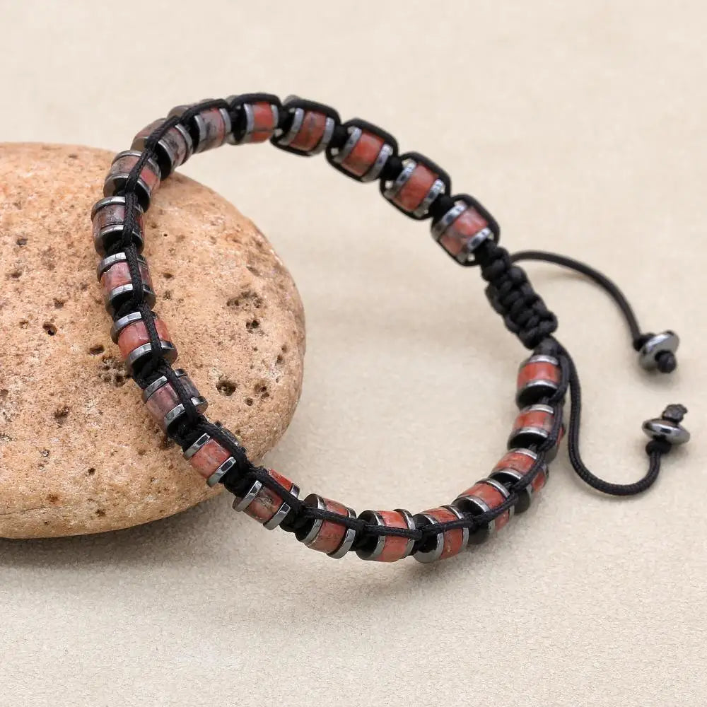 Natural Sesame Red Stone and Hematite Beaded Braided Bracelet