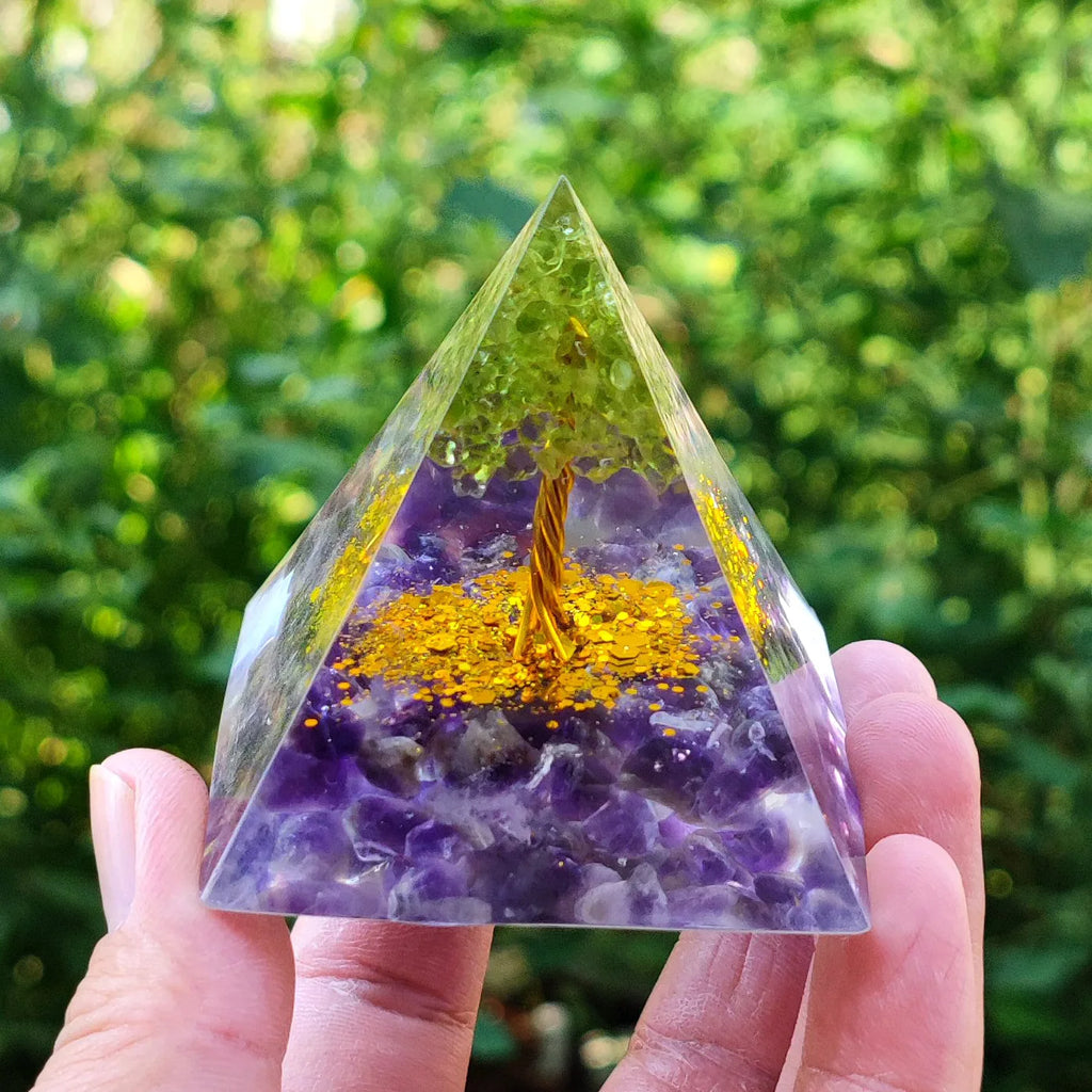 Prosperity and Wisdom Crystal Tree of Life Orgone Pyramid with Wooden Base
