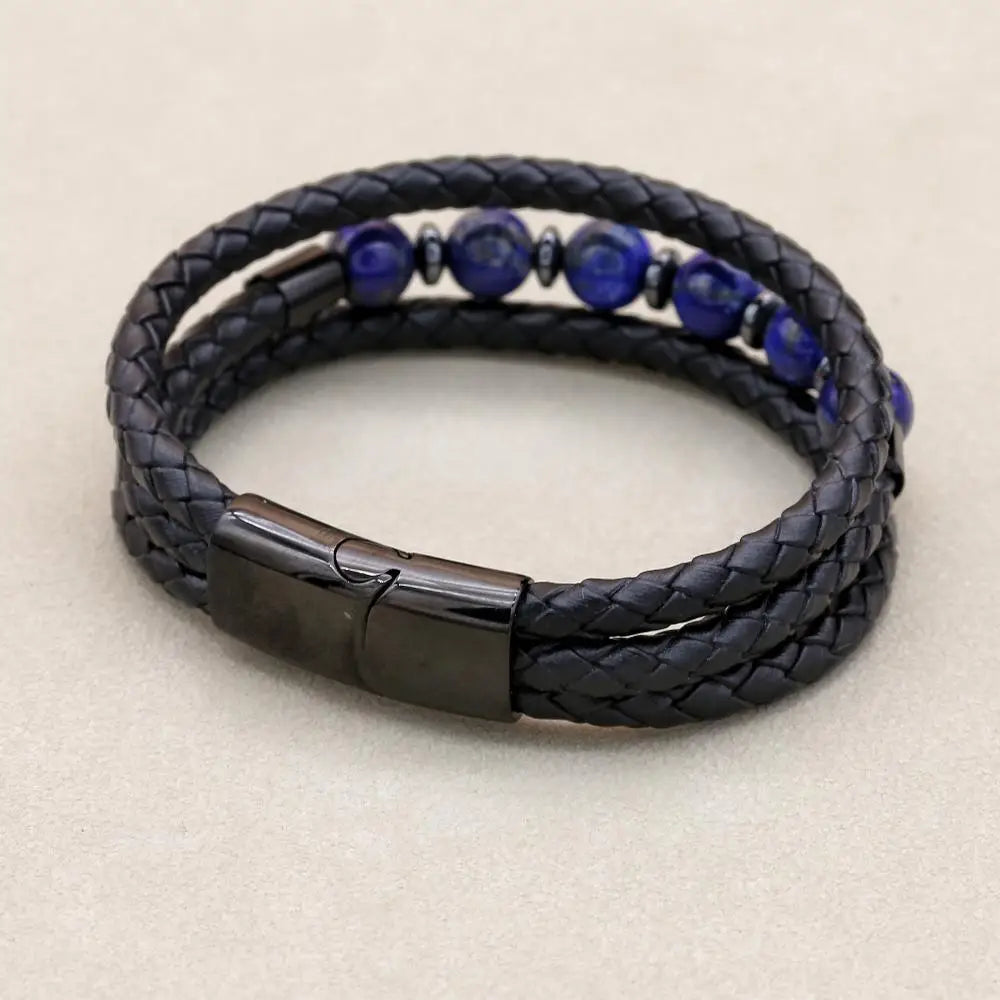 8mm Lapis Lazuli Hematite Multilayer Leather Bracelet for Unisex