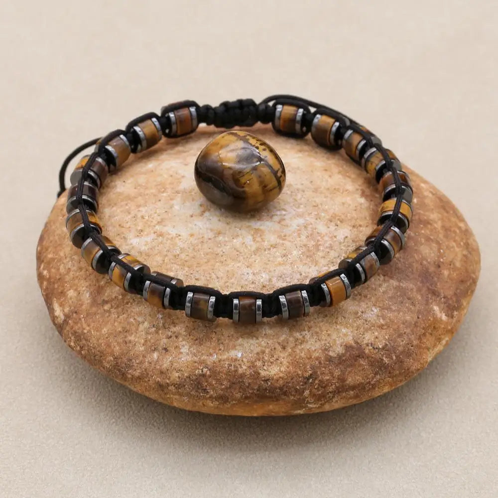 Unisex Tiger's Eye and Hematite Disc Braided Bracelet