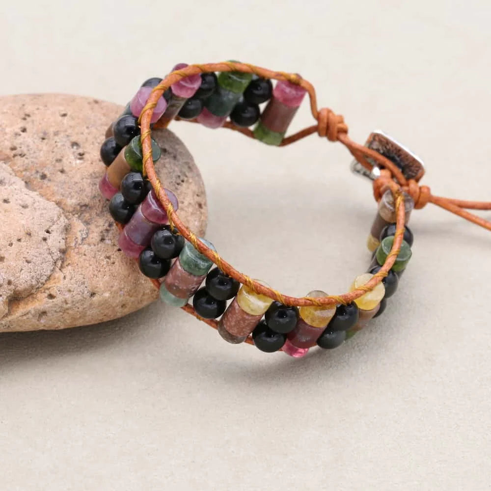 Rainbow Gemstone Leather Wrap Bracelet with Tourmaline & Obsidian