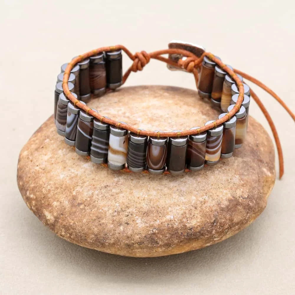 Inner Anchor: Coffee Striped Agate and Grounding Hematite Leather Wrap Bracelet
