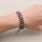 Strength and Serenity Indian Agate Hematite Leather Wrap Bracelet