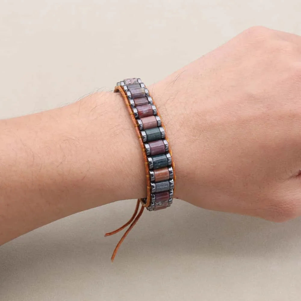 Strength and Serenity Indian Agate Hematite Leather Wrap Bracelet