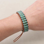 Prosperity and Growth Green Aventurine Bamboo Joint Leather Wrap Bracelet