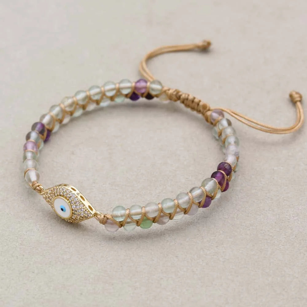 White Evil Eye Rainbow Fluorite Bracelet: Purity & Mind Clarity Talisman