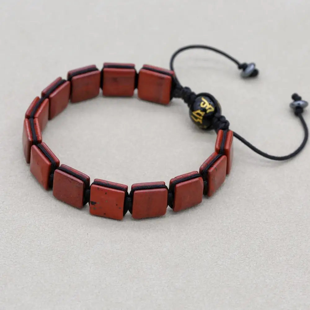 Unisex 10mm Square Red Jasper Braided Bracelet with Mantra Agate