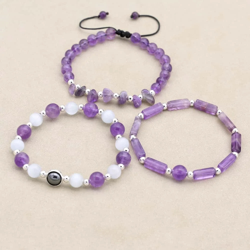 Amethyst Wisdom Bracelet Set: Serenity & Protection Trio (3 PCS)