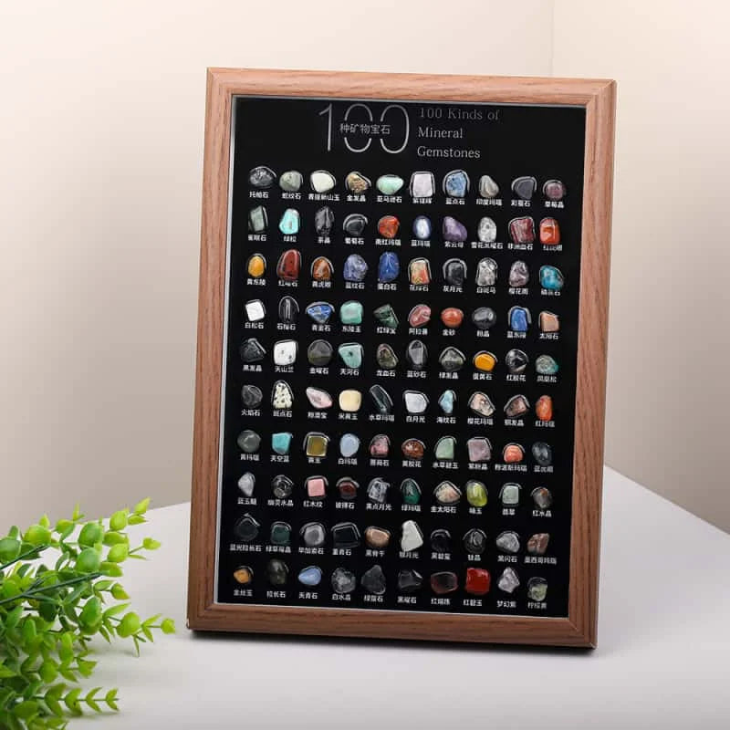 100 Kinds of Natural Mineral Gemstones Specimen Frame: Nature's Encyclopedia Wall Art